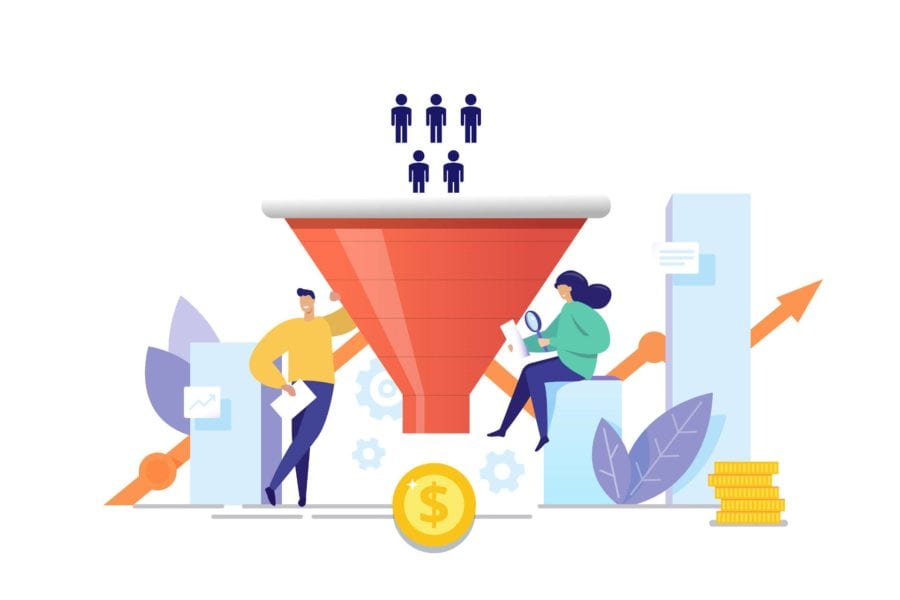 Animated graphic of the conversion funnel, showing people going in and money coming out