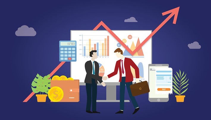 B2b networking vector graphic of two people shaking hands with increasing profit graphs in background
