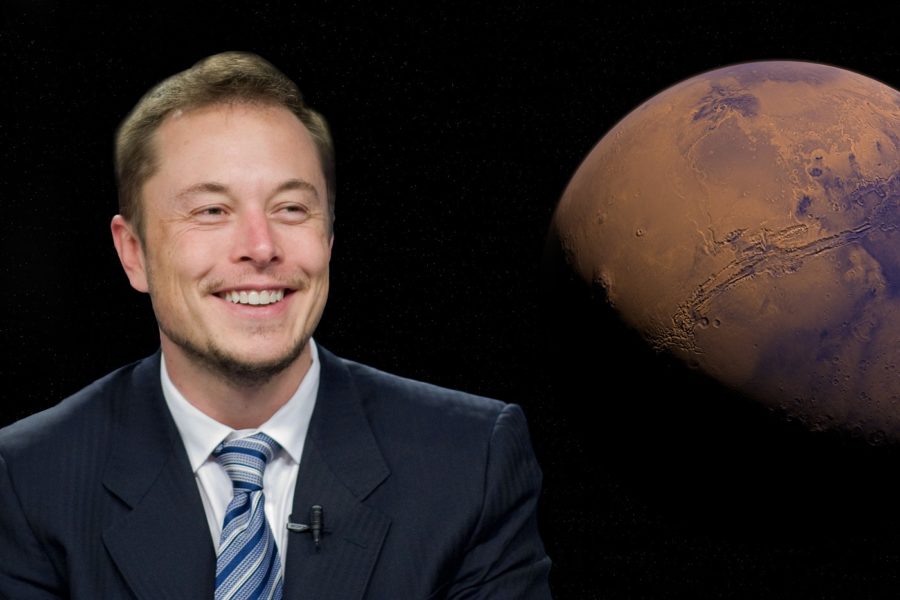 Elon Musk, businessman, sat against a space background